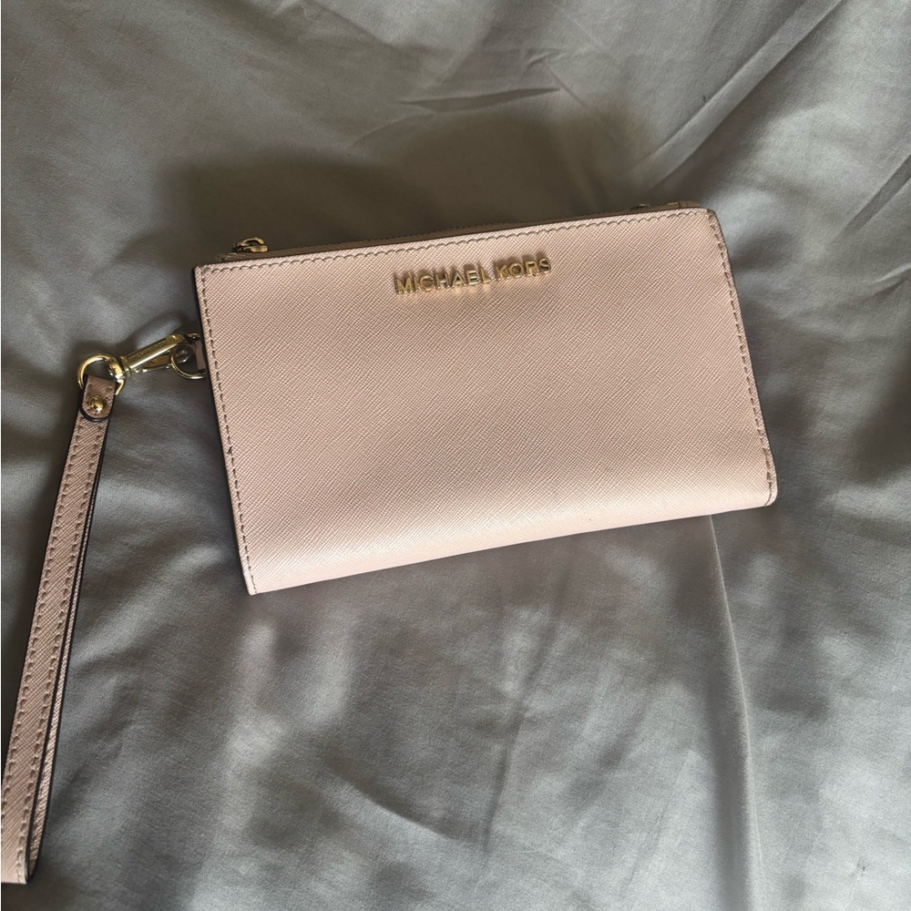 Michael Kors Pale Blush Leather Wristlet Clutch with Gold Hardware